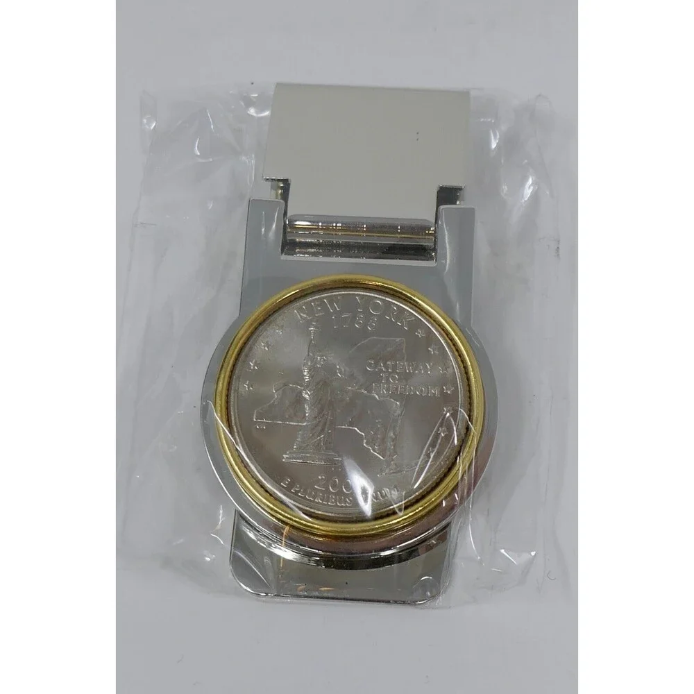 2001 New York Quarter Stainless Steel Gold Color Bezel Hinged Money Clip